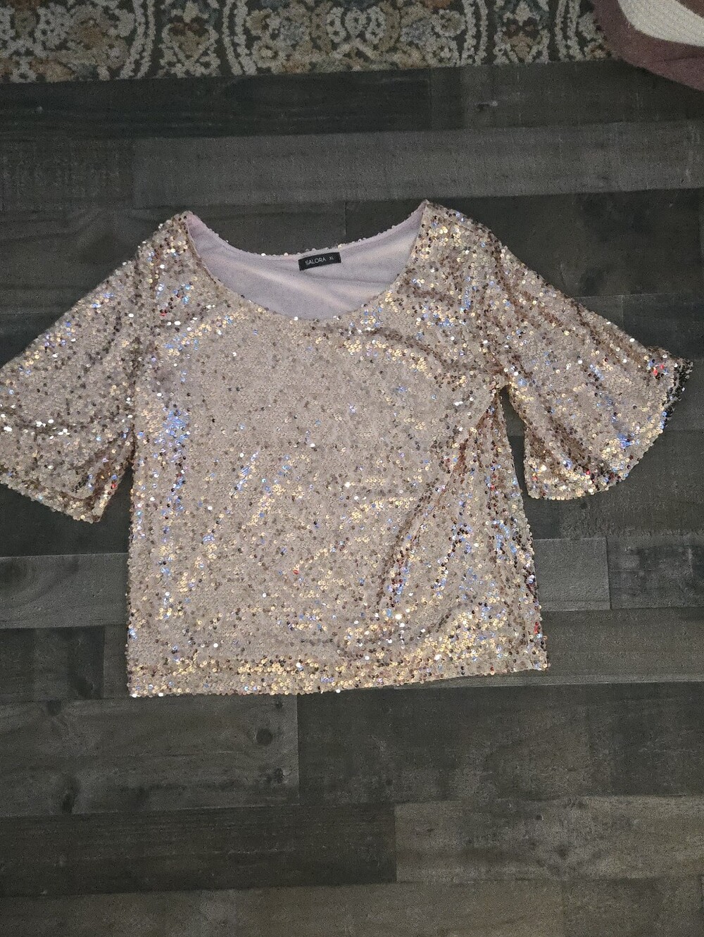 Salora Champagne Pink Sequin Bell Sleeve Top - XL